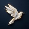 Origami z białego papieru w kształcie ptaka, ze złotymi błyskami, który wznosi się w górę.